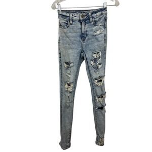 American Eagle Super Hi-Rise Pants Womens 0 Light Wash Thrashed Jeans Distressed